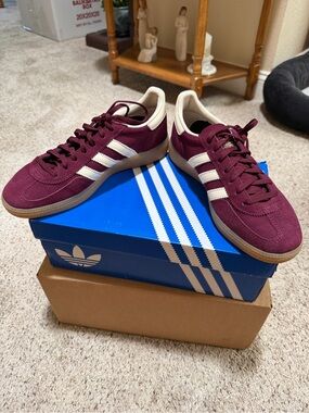 adidas Maroon Suede Low-Top Sneakers with White Stripes